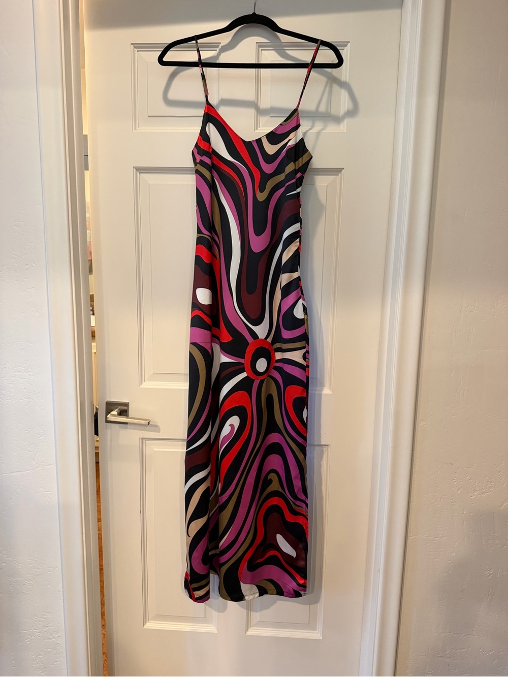 Pucci like Abstract Swirl Maxi Slip Dress — Pink, Red & Black